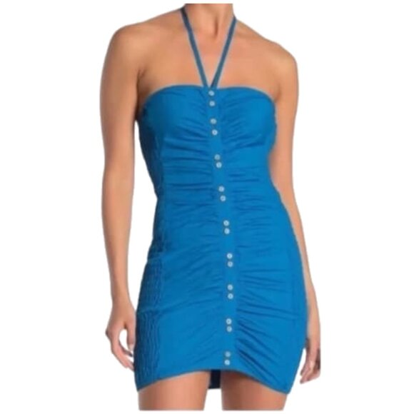 NWT $128 Free People Womens XS Bali Babe Blue Halter Bodycon Smocked Sexy Dress - Picture 2 of 13